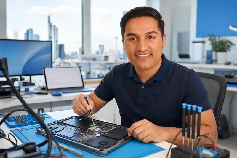 Techniker Ibrahim Zakria repariert einen Laptop in der Werkstatt