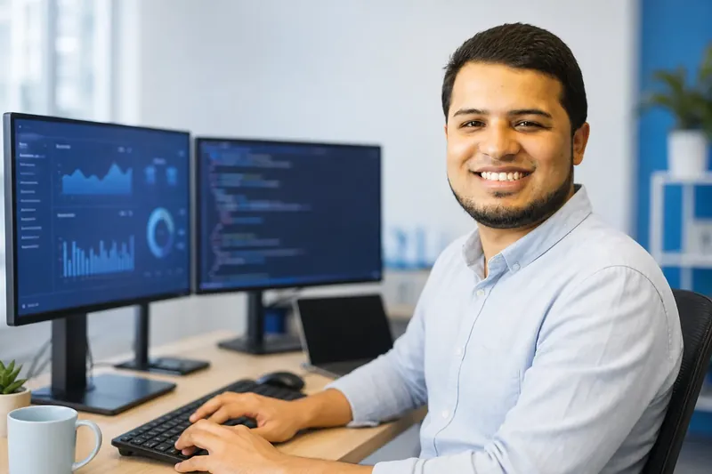 Softwareentwickler Sajjad Hanifa arbeitet an Dashboards und Code